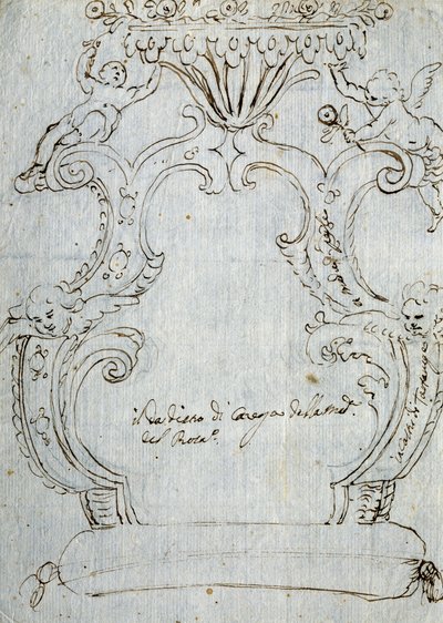 Skitse til stoleryg, ca 1715, af Andrea Brustolon (1662-1732), blyant og kuglepen på hvidt papir, Italien af Andrea Brustolon
