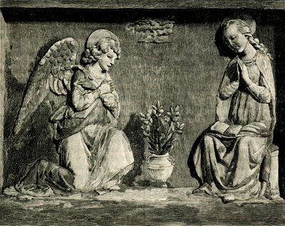 Bebudelse, af Andrea Della Robbia (1435-1525 eller 1528), oratorium for Madonna del Buon Consiglio, Prato, Toscana, Italien, træsnit fra Le cento citta d