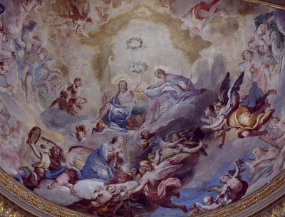 Coronation of Virgin, fresko malet i 1699 af Andrea Lanzani (1641-1712) fra koret fra Sanctuary Of Incoronata, Lodi. Italien af Andrea Lanzani
