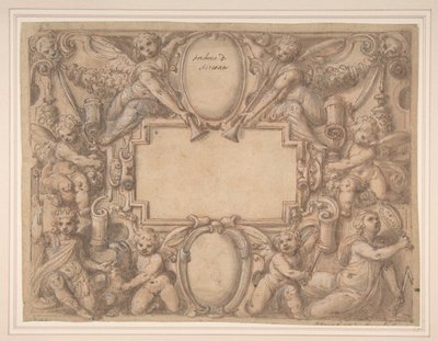 En kartouche og to skjolde omgivet af allegoriske figurer., 1570-1631. af Andrea Lilli