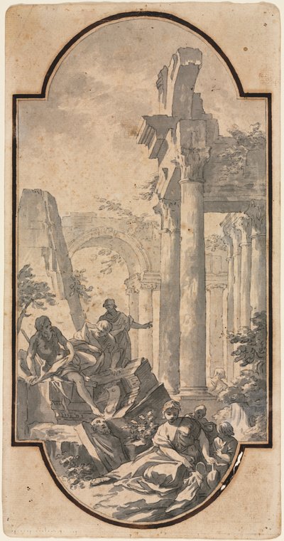 Figurer nær ruinerne af et korintisk tempel (recto) af Andrea Locatelli