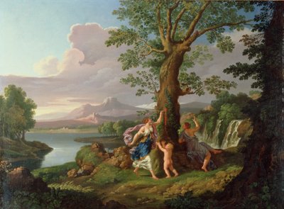 Flodlandskab med en nymfe, der plukker en gren fra et blødende træ af Andrea Locatelli