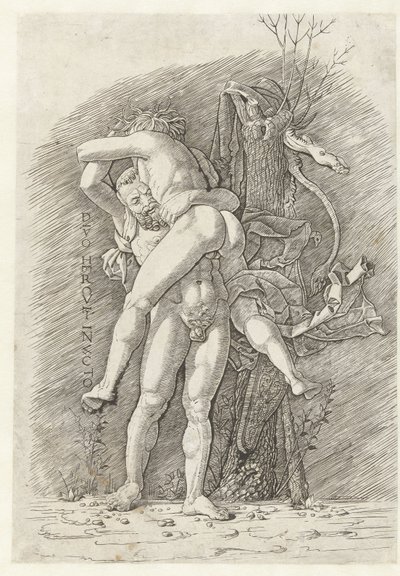 Hercules og Antaeus Den uovervindelige gud Hercules (titel på objekt) af Andrea Mantegna (school of)
