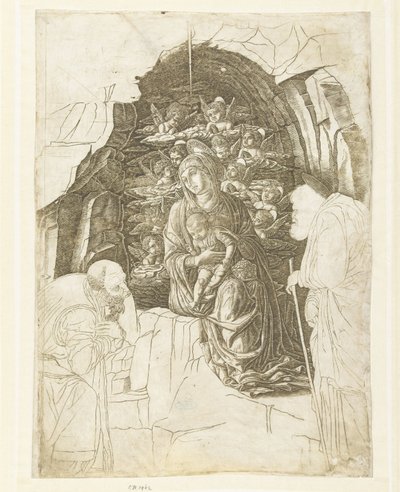 Maria med barn omgivet af engle i hulen med Josef og konge i tilbedelse af Andrea Mantegna (school of)