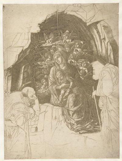Maria med barn omgivet af engle i hulen med Josef og konge i tilbedelse af Andrea Mantegna (school of)