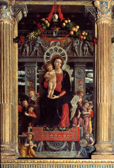 Altertavle af san Zeno: midterpanel "" Madonna et barn med ni engle"" Maleri af Andrea Mantegna (1431-1506) 1457-1459 Verone, Basilica di San Zeno, Italien af Andrea Mantegna