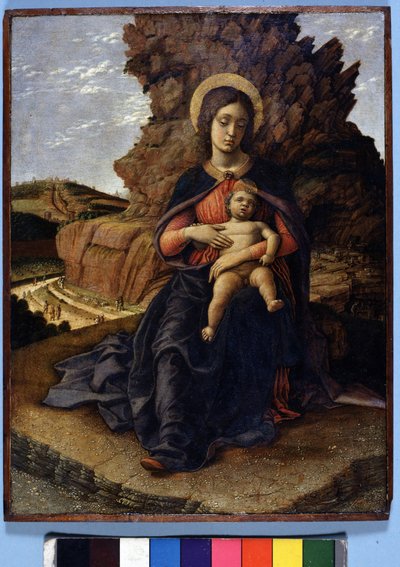 Andrea Mantegna, "Jomfruen af stenbrud"": Jomfru og barn og på baggrunden stenbrud med arbejdere på arbejde, Uffizi Gallery, Firenze af Andrea Mantegna