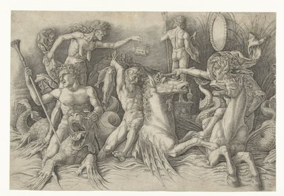 Battle of the Sea Gods, med Envy (Invidia) til venstre Kamp mellem satyrer, der rider på hippocampi, og gammel kvinde som personificering af misundelse, der står på ryggen af ​​dragen Slaget ved havguderne af Andrea Mantegna