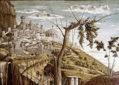 Kristus beder i oliventræernes have, venstre del af predellen, San Zeno-altertavlen (tempera på træ, ca. 1457-1460) af Andrea Mantegna