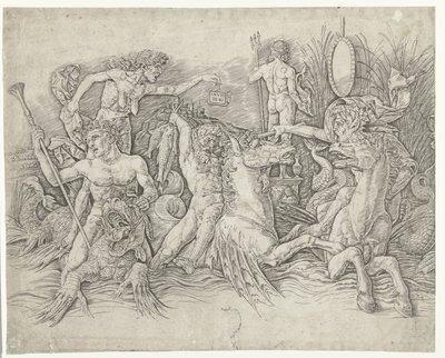 Kamp mellem satyrer, der rider på hippocampi, og gammel kvinde som personificering af misundelse, der står på ryggen af ​​dragen Slaget ved havguderne af Andrea Mantegna