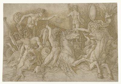 Kamp mellem satyrer, der rider på hippocampi, og gammel kvinde som personificering af misundelse, der står på ryggen af ​​dragen Slaget ved havguderne af Andrea Mantegna