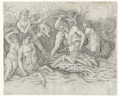 Kamp mellem tritoner med nereider på ryggen Battle of Sea Gods af Andrea Mantegna