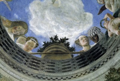Occulus af loftet i House of Spouses, Ducal Palace of Mantua, Italien (Camera degli Sposi, Palazzo Ducale, Mantova): detalje af allegoriske figurer og putti. Fresco af Andrea Mantegna (1431-1506) af Andrea Mantegna