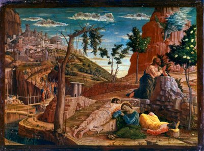 Bøn i Oliehaven Efter den sidste nadver går Kristus til Getsemani-højen, som dominerer Jerusalem med apostlene. Romerske soldater nærmer sig for at stoppe ham. Altertavle af San Zeno de Verona. Maleri (tempera) på træ af Andrea Man af Andrea Mantegna