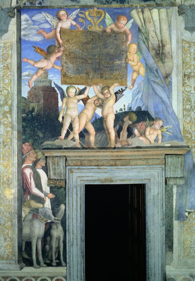 Putti med sommerfuglevinger, der bærer indvielsestavlen med jagthunde og deres førere nedenunder, fra Camera degli Sposi eller Camera Picta, 1465-74, fresko detalje af 78449 af Andrea Mantegna