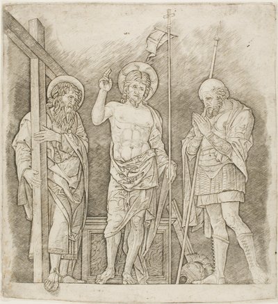 Opstanden Kristus mellem de hellige Andreas og Longinus af Andrea Mantegna