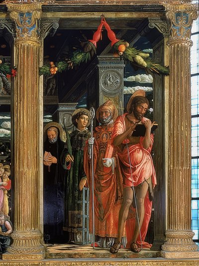 San Zeno-alteret. Højre side. 1457-1460. Detaljen viser Johannes Døberen, Lawrence af Rom, Augustin af Hippo og Benedikt af Nursia af Andrea Mantegna