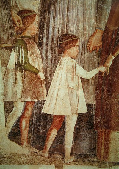 Ankomsten af kardinal Francesco Gonzaga, mødt af sin far Marchese Ludovico Gonzaga III og hans brødre, detalje af Gonzague-børnene, ca. 1465-74 (detalje af 78454) af Andrea Mantegna