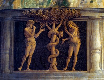 Jomfruen og barnet omgivet af seks hellige og tilbedt af markisen af Mantua, Francois II de Gonzaga (Francesco II Gonzaga) (1466-1519) kendt som Sejrens Jomfru"" (Pala della Vittoria) (Madonna della Vittoria)" Detalje, der repræsenterer temptaen af Andrea Mantegna