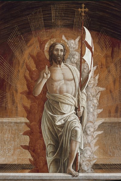 Opstandelsen Jesus Kristus. Detalje af predelle af altertavlen i San Zeno (tempera på panel af Andrea Mantegna