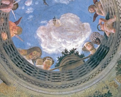 Trompe loeil oculus i midten af det hvælvede loft på Camera degli Sposi eller Camera Picta, 1465-74 freskodetalje af 72245 af Andrea Mantegna
