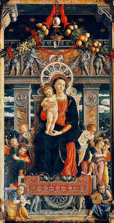 Jomfru troner, detalje fra den centrale del af San Zeno-altertavlen af Andrea Mantegna (1431-1506), træ, 220x115 cm, San Zeno-basilikaen, Verona af Andrea Mantegna