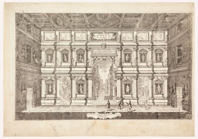 Indvendig forhøjning af det olympiske teater i byen Vincenza (udsigt over scenen i Teatro Olimpico i Vicenza) af Andrea Palladio