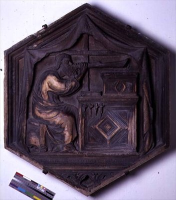 Musik, sekskantet dekorativ reliefflise fra en serie, der forestiller de syv liberale kunster, muligvis baseret på design af Giotto (ca. 1266-1337) ca. 1334-48 (marmor) af Andrea Pisano