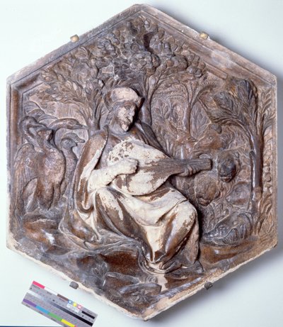 Poesi, sekskantet dekorativ reliefflise fra en serie af de syv liberale kunstarter, muligvis baseret på tegninger af Giotto (ca.1266-1337) ca.1334-48 (marmor) af Andrea Pisano