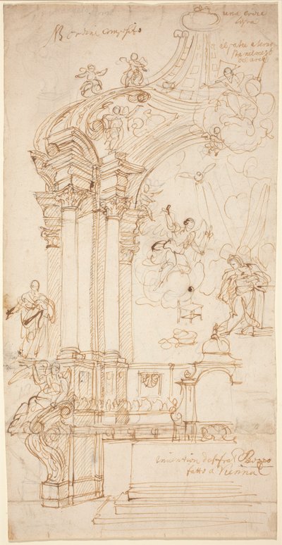 En baldakin med et maleri af bebudelsen, ca. 1708 eller senere (tuschtegning) af Andrea Pozzo
