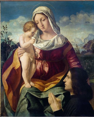 Jomfruen og barnet, med en donor - Maleri af Andrea Previtali (ca. 1480-1528), olie på lærred af Andrea Previtali