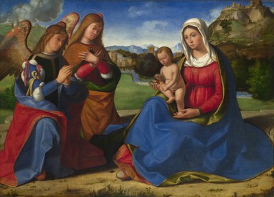 Jomfruen og barnet tilbedt af to engle, ca. 1505 af Andrea Previtali