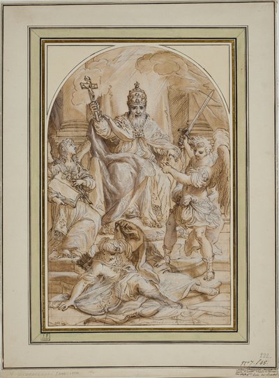 En pave tronet og flankeret af en engel med en bog og St. Michael dræber en tyrk af Andrea Proccaccini