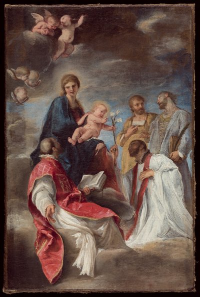 Madonnaen og barnet med de hellige Ignatius af Loyola, Francis Xavier, Cosmas og Damian af Andrea Sacchi