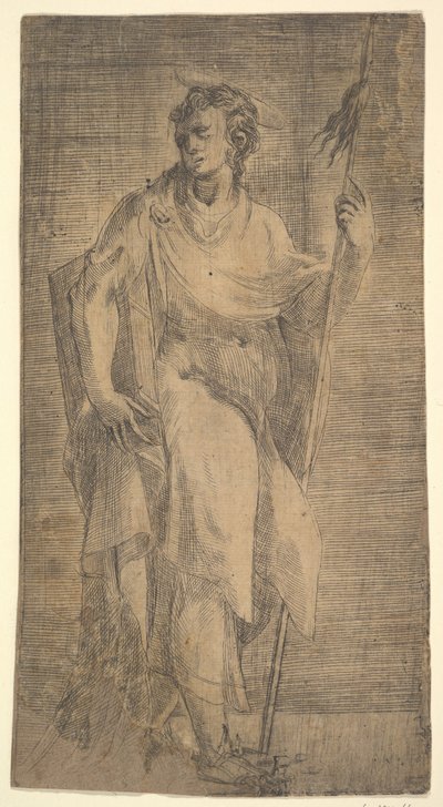 En helgen, muligvis Matthæus, holder en stav og en bog, ca. 1540-50. af Andrea Schiavone