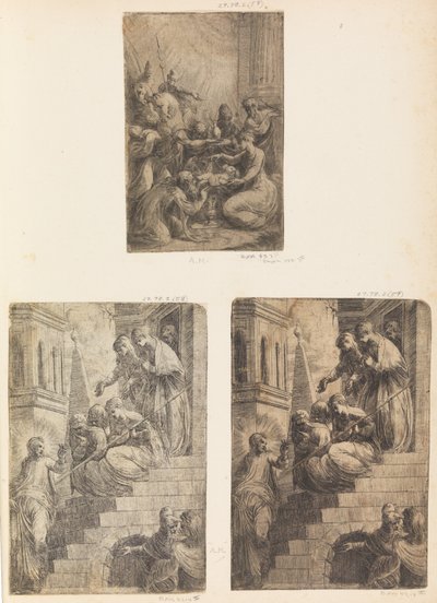 Tilbedelse af vismændene, Kristus og kvinderne på trappen, ca. 1541-44. af Andrea Schiavone