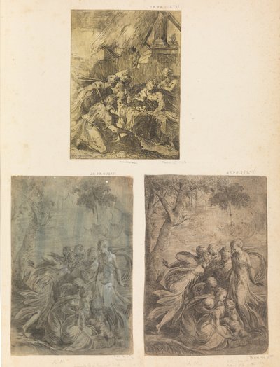 Tilbedelse af hyrderne, Moses reddet fra Nilen, ca. 1540-44. af Andrea Schiavone