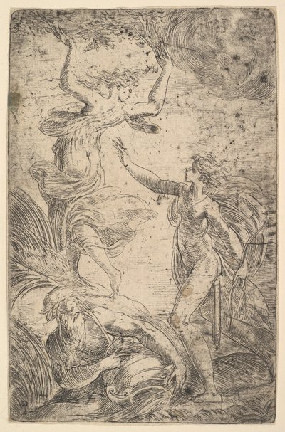 Apollo til højre med en bue, der jagter Daphne til venstre, ca. 1538-40. af Andrea Schiavone