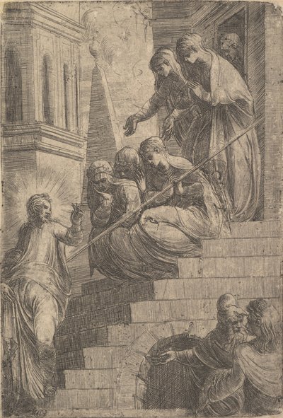 Christ addressing a group of women seated and standing on steps, ca. 1541-44. dani af Andrea Schiavone