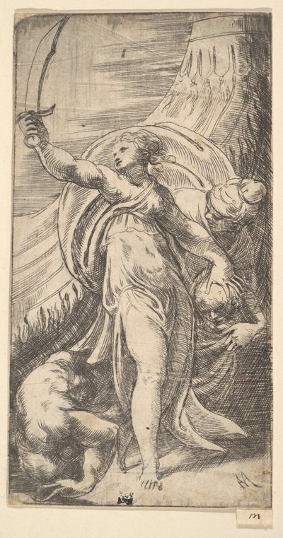 Judith hendes sværd løftet i højre hånd, og placerede Holofernes hoved i sa..., ca. 1542-45. af Andrea Schiavone