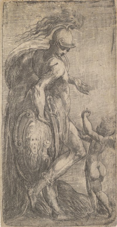 Mars stående til venstre lænet på et skjold, Amor til højre, ca. 1542-46. af Andrea Schiavone