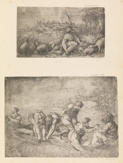Moses og den brændende busk, det mirakuløse træk af fisk, ca. 1544-48. af Andrea Schiavone