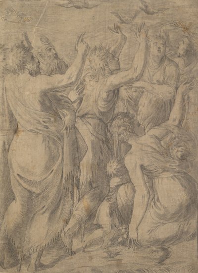 Moses viste vagtlerne til israelitterne miraklet med vagtler og manna, ca. 1545. af Andrea Schiavone