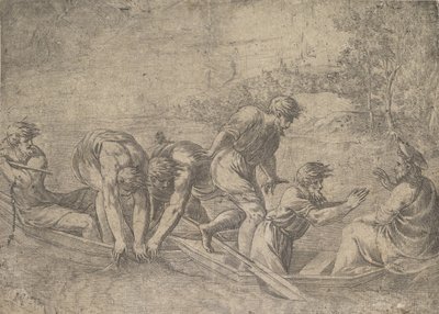 Fiskenes mirakuløse udkast, Kristus til højre ledsaget af apostle i..., ca.1548-52. af Andrea Schiavone