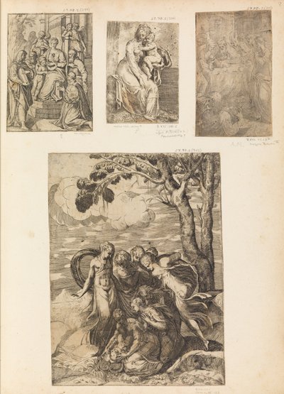 Jomfru og Barn, Omskæringen, Moses reddede fra Nilen, ca. 1542-46. af Andrea Schiavone