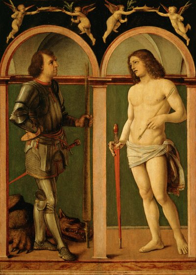 Sankt Georg og Sankt Sebastian (olie på træpanel) af Andrea Solario