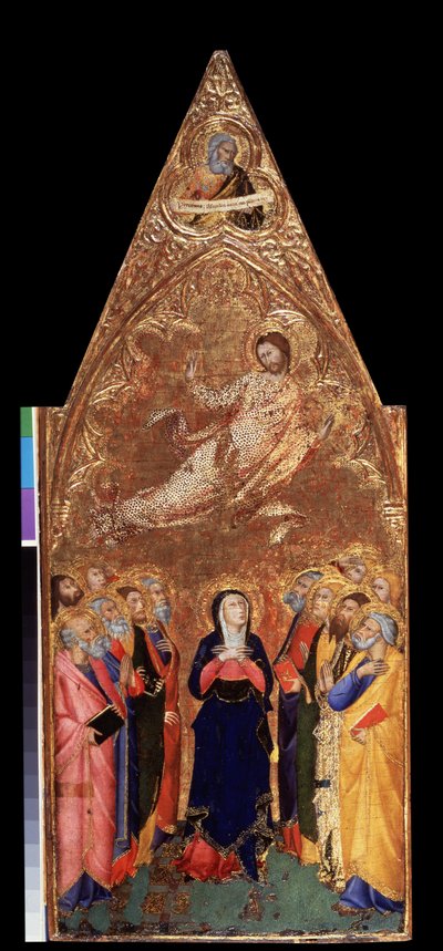 ""Kristi himmelfart"" Nedenfor ser Jomfru Maria og apostlene Jesus Kristus. Ovenfor en repræsentation af profeten Jeremias. Tempera på træ af Andrea Vanni (1332-1414) 1355-1360 Dim. 68x28 cm Eremitagemuseet, Sankt Petersborg (Saint-Petersbo af Andrea Vanni
