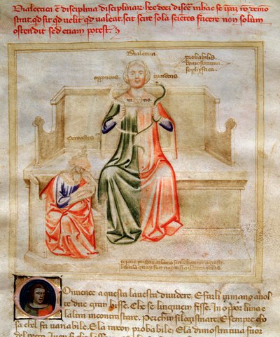Allegorier af dialektikken i "" Chansonne des sept Vertus et des sept Arts liberales bestemt til Bruzio Visconti "(Sangen om dyder og videnskaber) af Bartolomeo di Bartoli. Akvarel af Andrea di Bartoli (aktiv mellem 1358 og 1368) (ms. 599, fo af Andrea de Bartoli