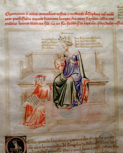 Allegorier af Grammaire i "" Chansonne des sept Vertus et des sept Arts liberales bestemt til Bruzio Visconti "(Sangen om dyder og videnskaber) af Bartolomeo di Bartoli. Akvarel af Andrea di Bartoli (aktiv mellem 1358 og 1368) (ms. 599, fo af Andrea de Bartoli