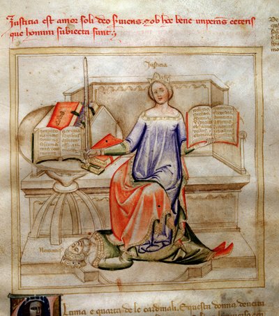 Allegorier om retfærdighed i "" Chansonne des sept Vertus et des sept Arts liberales bestemt til Bruzio Visconti "" (Sangen om dyder og videnskaber) af Bartolomeo di Bartoli. Akvarel af Andrea di Bartoli (aktiv mellem 1358 og 1368) (ms. 599, fol. af Andrea de Bartoli